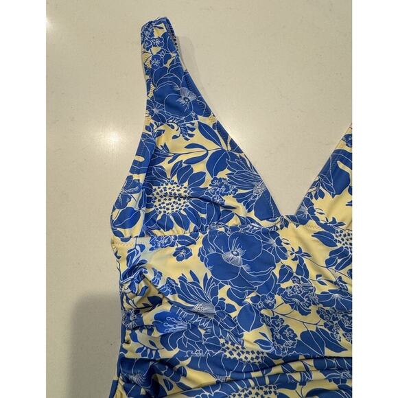 J. Crew Blue Floral Swimsuit Size 10 Ruched V Neck One Piece Full Coverage Boho - Picture 4 of 9